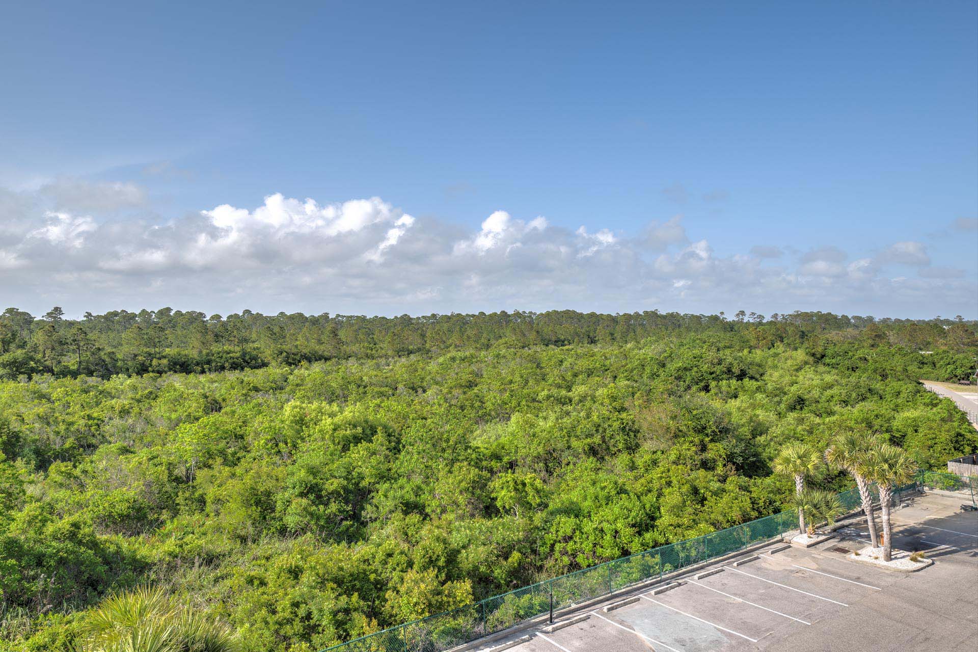 A view of the hotel parking lot and State Park